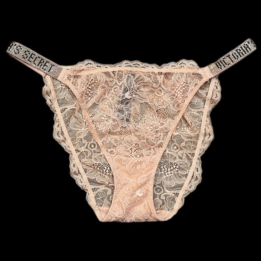 Victoria's Secret Crystals Rhinestone Bling Shine Strap Bikini Lace Panty Peach